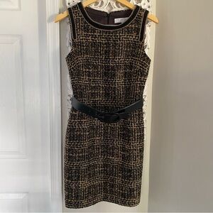 Trina Turk Wool Blend Blk Tan Fall Belted embroidered Neutral Dress sz2